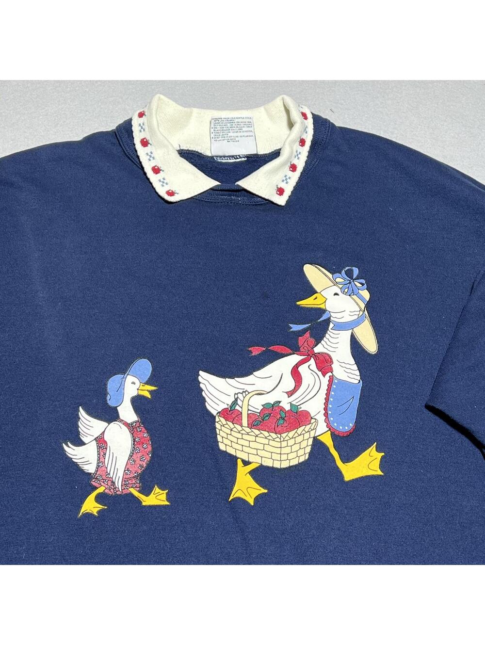 Vintage Navy Sweatshirt with Embroidered Duck Family and Decorative Collar 2X - Picture 3 of 4